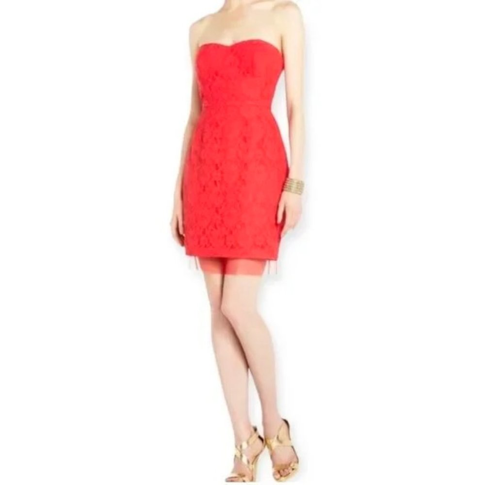 BCBGMAXAZRIA Roselle Lace Strapless Dress in Red Berry